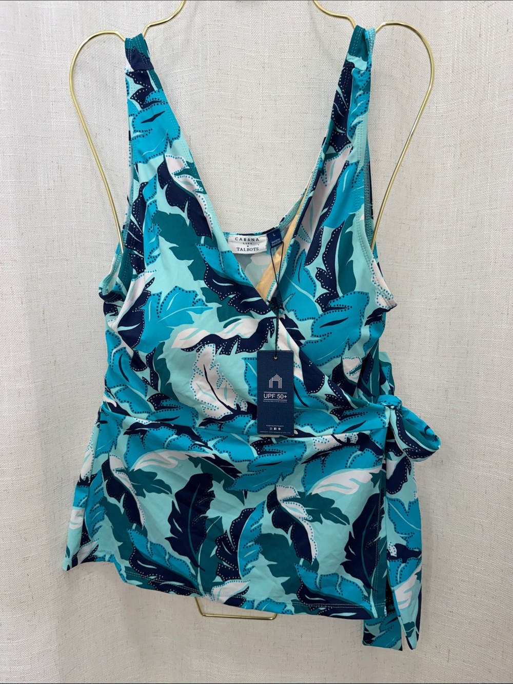 Talbots Teal & Navy Leaf-Print Wrap Swimsuit Top Size Large Brand New W/Tags